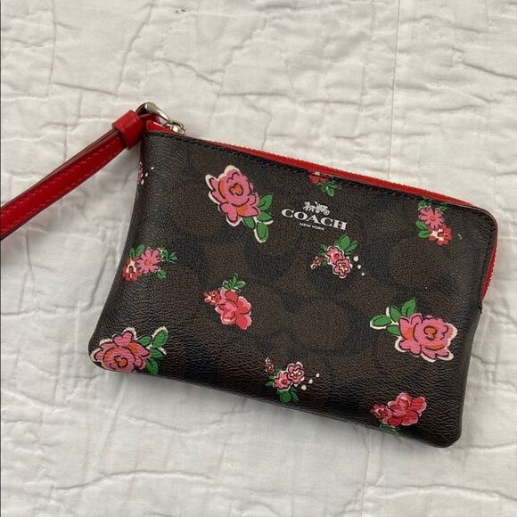 Coach Floral Leather Wristlet - Brown and Red - Picture 1 of 7